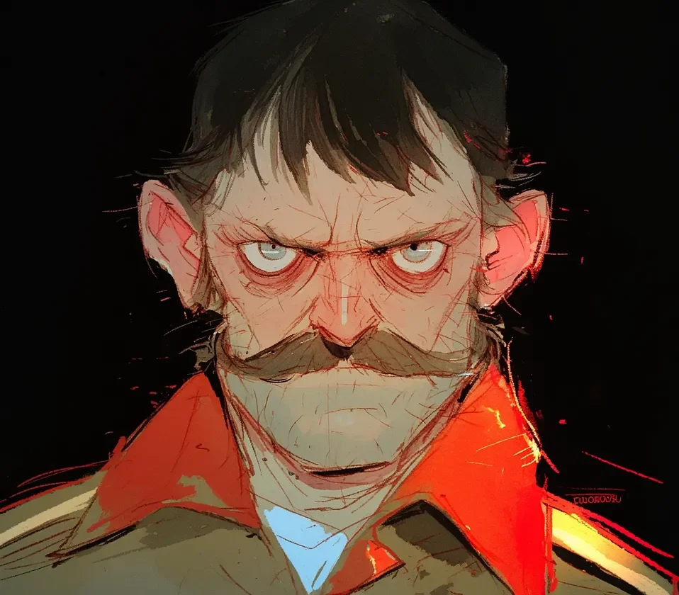 그의 콧수염은 화가 나 보였어요. 마을 아이들은 그를 보고 도망쳤어요.